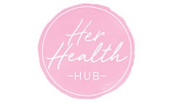 Bright pink Her Health Hub logo promoting wellness and health services.