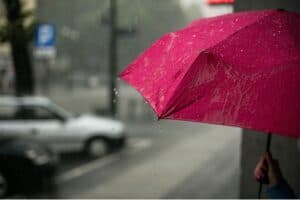 Bright pink umbrella in rainy urban street scene at Diamond Creek Shopping.