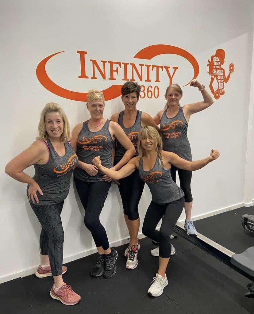 Vibrant women fitness group celebrating at Infinity 360 Diamond Creek Shopping.