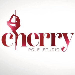 Pole dancing studio logo with a pole and cherry design in maroon color.