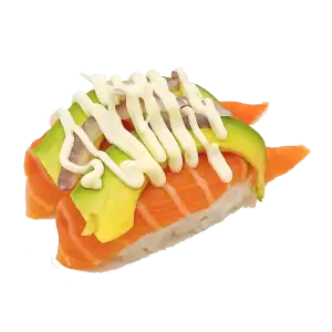 Delicious salmon and avocado sushi with mayonnaise drizzle.