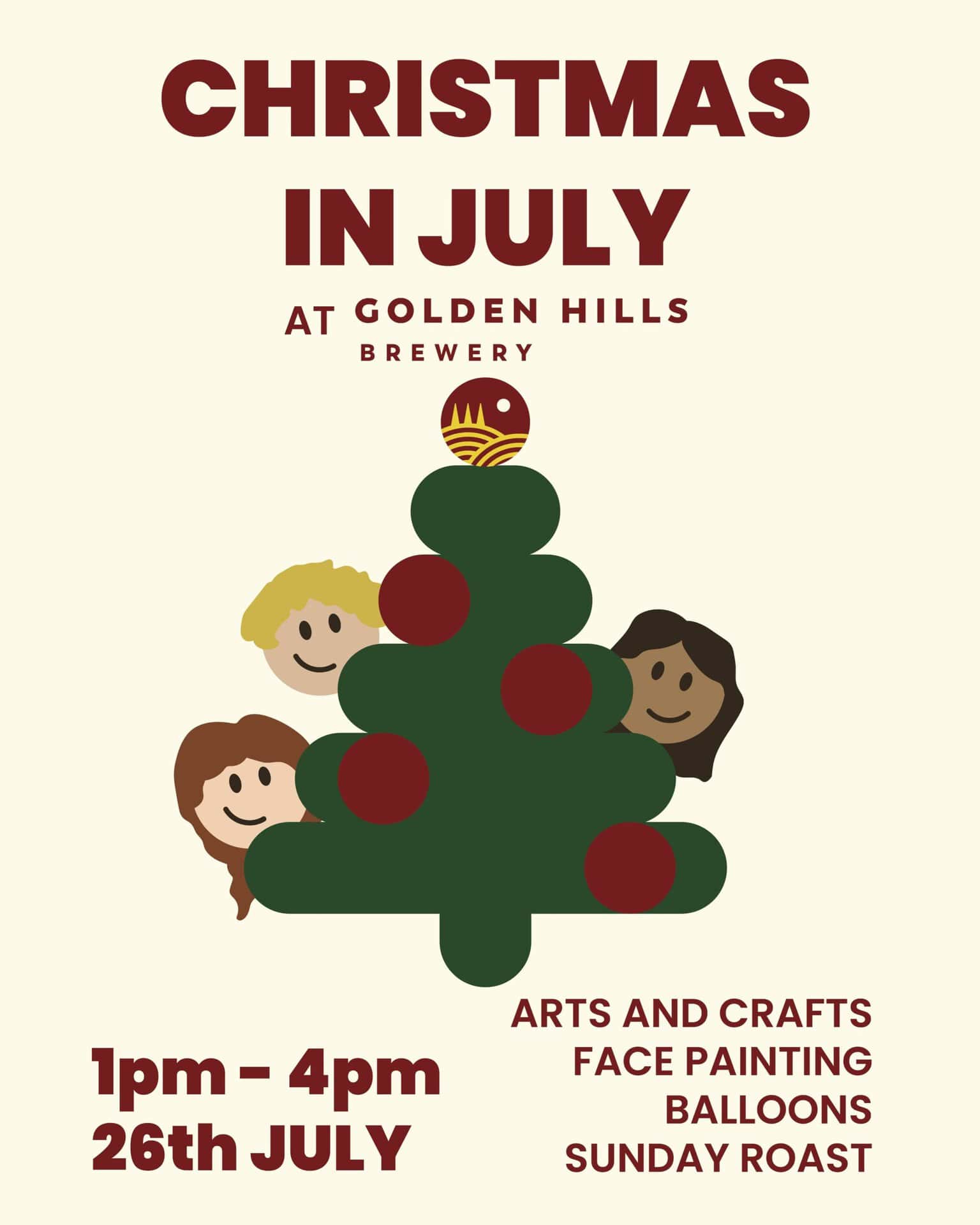 Festive Christmas tree with children at Golden Hills Brewery event.