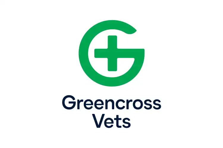 GreenCross Vet logo with green cross inside a circle and text.