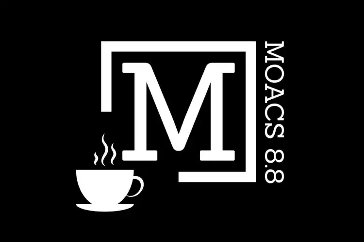 Moacs 8.8 coffee shop logo with a steaming cup and bold M letter.