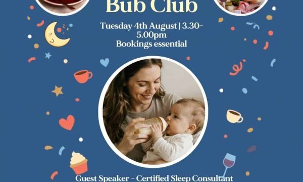 Mums and Bub Club event poster with a mother and baby, drinks, and confetti design.