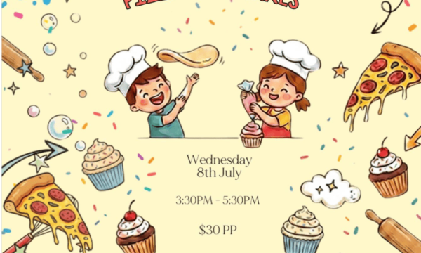 Children cooking pizza and cupcakes at kids cooking class event.