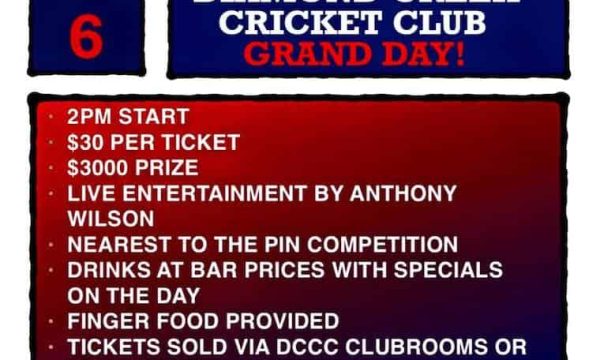 Diamond creek shopping centre event advertising cricket club grand day.