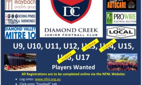 Footy season registration open for Diamond Creek Junior Football Club, youth sports, junior football Melbourne.