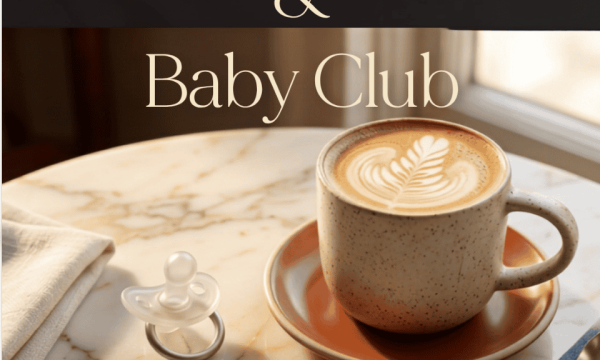 Coffee cup with latte art at Di Pietro’s Mums & Bubs Club event.